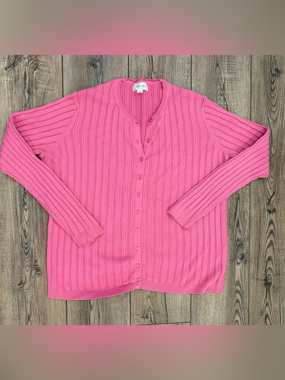 Foxcroft Pink Supima Cotton Ribbed Button Front Cardigan Sweater L